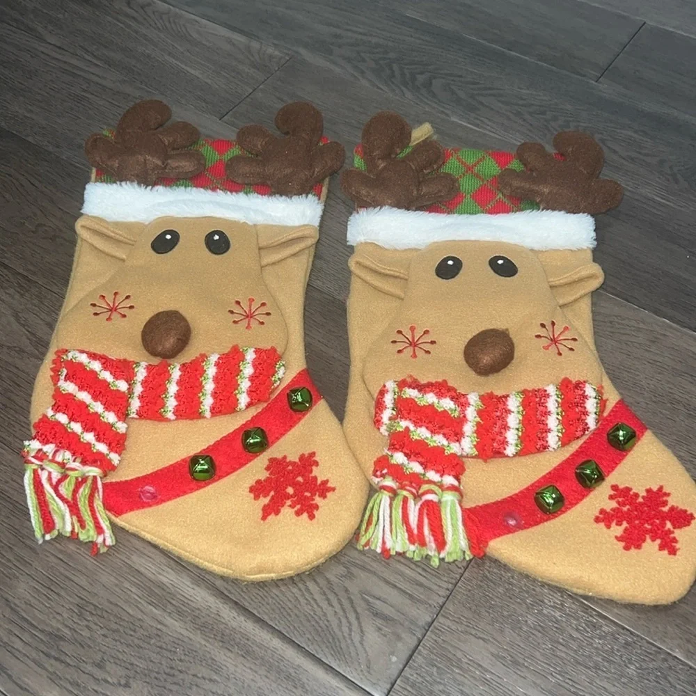 Set of two jingle bell reindeer Christmas stockings